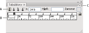 INCOPY CS3 174 První tabulátor je nastaven na zarovnání doprava; druhý tabulátor je nastaven na zarovnání doleva.