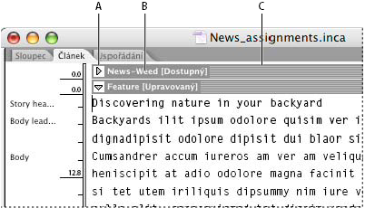 INCOPY CS3 37 Více článků se zobrazuje a odděluje v zobrazení sloupců nebo článku pomocí oddělovacího pruhu článku.