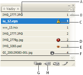 INCOPY CS3 48 Panel Vazby A. Připojená grafika B. Stránka, která obsahuje připojenou grafiku C. Ikona modifikované vazby D. Ikona chybějící vazby E. Ikona lokální změny viditelnosti vrstvy F.