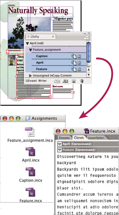 INCOPY CS3 57 Dokument InDesignu (.indd) se souborem úlohy (.inca) složený ze tří připojených souborů s obsahem (.incx). Úloha a její komponenty se zobrazují v panelu Úlohy a otevírají se v InCopy.