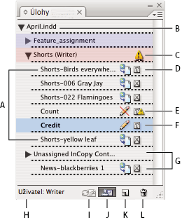 INCOPY CS3 63 Soubory úloh na stránce 64 Panel Úlohy přehled na stránce 63 Ikony pracovního postupu na stránce 61 Umístění souborů InCopy do dokumentů InDesignu na stránce 78 Panel Úlohy přehled