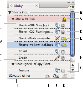 INCOPY CS3 64 Panel Úlohy v InCopy A. Názvy obsahu InCopy B. Název úlohy C. Stav úlohy Neaktuální D. Stav Dostupný a aktuální grafický obsah E. Stav Používaný a neaktuální textový obsah F.