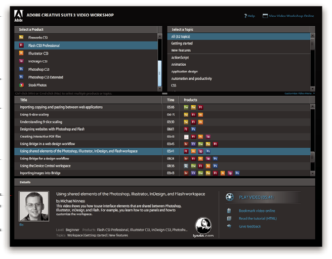Když spustíte Adobe Video Workshop, zvolíte produkty, které se chcete naučit, a témata, která si chcete