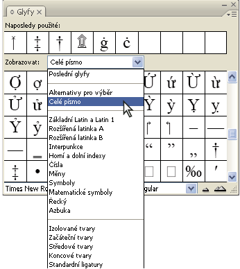 INCOPY CS3 89 V panelu Glyfy zobrazte atributy glyfu OpenType Pro jednoduchý výběr umožňuje panel Glyfy zobrazení znaků pouze pro vybrané atributy OpenType.