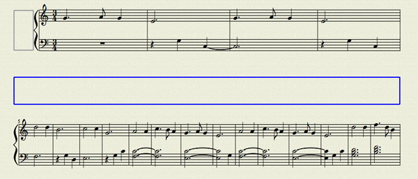 Rámečky Rámečky poskytují prázdné místo vně normálních taktů. Mohou obsahovat text nebo obrázky. MuseScore zná dva druhy rámečků: Vodorovný Vodorovné rámečky zalamují notovou osnovu.