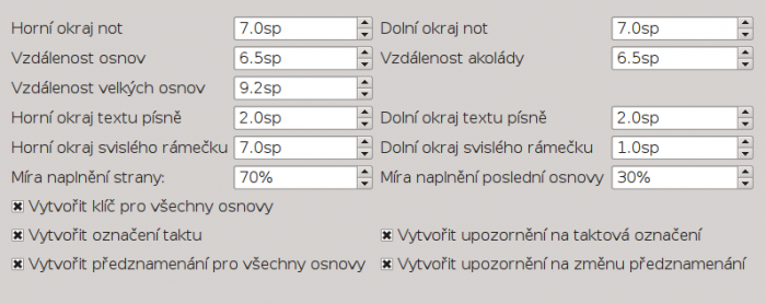 Poznámka: Tento parametr pro měřítko je i v Úpravy Nastavení Noty Měřítko. Tento nastavuje celková nastavení pro nové dokumenty, ale neovlivňuje stávající notový zápis.