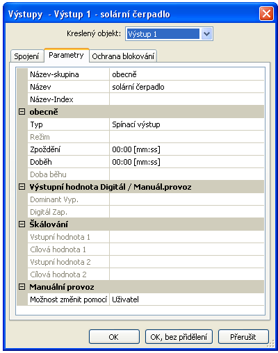 Funkční datové objekty / UVR16x2 Výstupy Dvojitým kliknutím myši se dostanete do menu s parametry. Nejprve je kreslený objekt považován za nepoužívaný.