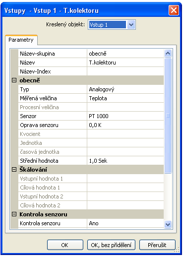 Funkční datové objekty / UVR16x2 Vstupy Nastavení parametrů po dvojitém klinutí myši. Příklad: Vstup 1 Čidlo kolektoru 1 Po vybrání vstupního čísla musíte určit typ a měřenou veličinu.