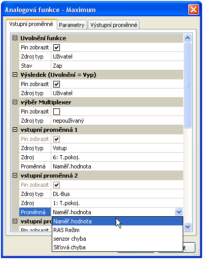 Funkční datové objekty / UVR16x2 Po spojení vstupu, výstupu, vstupu datového vedení nebo vstupu CAN s funkcí můžete nastavit ve vstupních proměnných dané funkce, která informace proměnné se bude