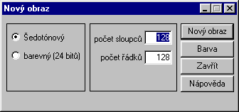 ZODOP 11 Vytvoření nového obrazu. Takto vypadá dialogové okno 2.1 Počet sloupců Počet sloupců (šířka) nového obrazu. 2.2 Počet řádků Počet řádků (výška) nového obrazu. 2.3 Šedotónový Vytvořený černobílý obraz v 8-bitovém formátu bude vyplněn úrovní šedi danou parametrem Index v dialogu Aktuální barva.