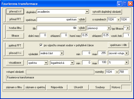 60 ZODOP 34. Fourierova transformace Dialogové okno zajišťuje několik funkcí týkajících se Fourierovy transformace.