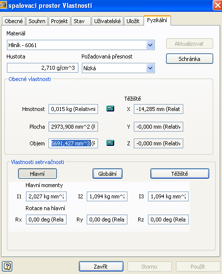 V roletovém menu zvolí ivlastnosti. Zde se otevře list se záložkami, které vymodelovanou součást charakterizují, a poté se otevřela záložka Fyzikální.