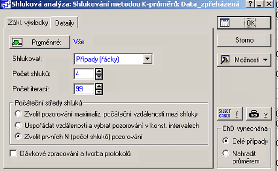 Obrázek č. 3: Výchozí volba rozdělení Zdroj: snímek ze softwaru STATISTICA 3.3. Iterační odvození optimálního počtu shluků Jeden pokus o vytvoření typické čtveřice shluků, jenž byl popsán v podkapitole 3.