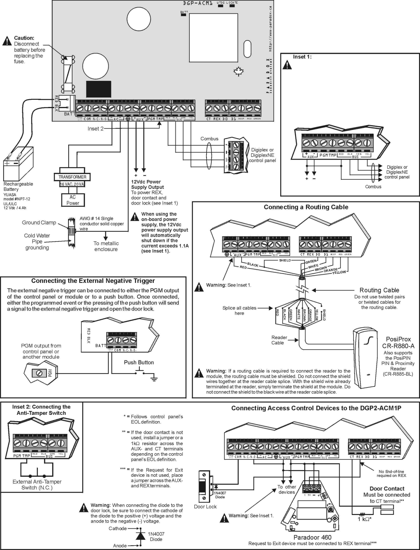 7.2 Zapojení s modulem ACM1P Je možné napájení 12V= nebo 16V~ (pouze svůj transformátor).