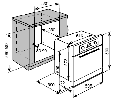 Specifikace P619BS/SS Rozměry výrobku a výřezu pro vestavbu Rozměry výrobku: Výška: Šířka: Hloubka: 590 mm 595 mm 550 mm Rozměry otvoru: Výška: Šířka: Hloubka: 580 583 mm 560 mm 550 mm Specifikace