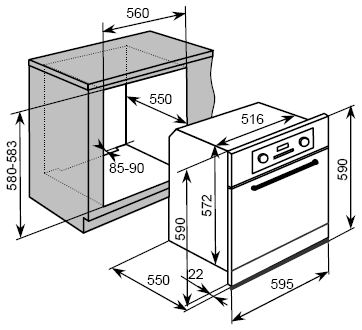 P639BS/SS/W Rozměry výrobku a výřezu pro vestavbu Rozměry výrobku: Výška: Šířka: Hloubka: 590 mm 595 mm 550 mm Rozměry otvoru: Výška: Šířka: Hloubka: 580 583 mm 560 mm 550 mm Specifikace produktu o 9