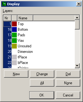 Aktuální zobrazení jednotlivých vrstev je možné nastavit příkazem DISPLAY. Zobrazené vrstvy jsou označeny modře (bílé číslo vrstvy na modrém podkladu).