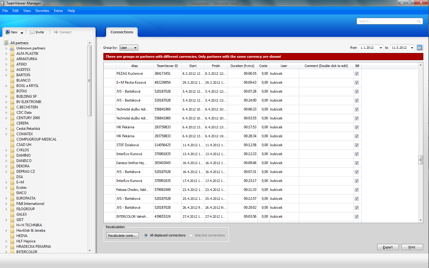 Služby s využitím programu TeamViewer V období od 1.7.2011 do 30.4.