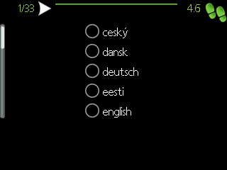 Přecházení mezi okny Nabídka může být tvořena několika okny. Pomocí otočného ovladače přecházejte mezi okny. Okno aktuální nabídky Počet oken v nabídce Procházení okny v průvodci spouštěním jazyk 4.