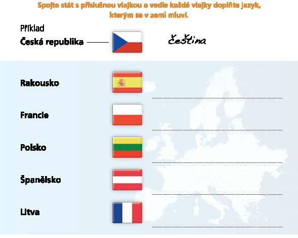 1. Název země spojte čarou s příslušnou vlajkou a dopište jazyk, který se v dané zemi používá. 2.