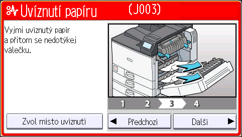 3. Odstraňování problémů 2. Po každém kroku stiskněte položku [Další]. K předchozímu kroku se vracejte stisknutím [Předchozí]. 3. Po úplném odstranění uvízlého papíru obnovte původní stav tiskárny.