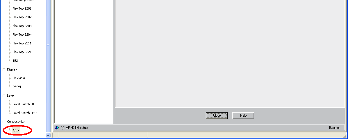 Otevřete FlexProgram. Vyberte AFI4 v dolní části a objeví se tato obrazovka DTM Setup Zde se volí jazyk přístroje "Language selection".
