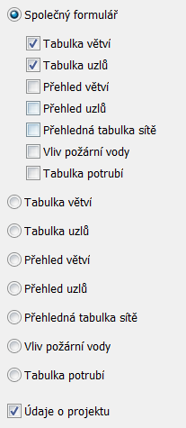 Okno výsledkového formuláře obsahuje řídící panel pro nastavení obsahu formuláře: Zatímco výsledky menších projektů je vhodné volbou sloučit na jednu stránku, rozsáhlejší projekty je vhodné rozdělit