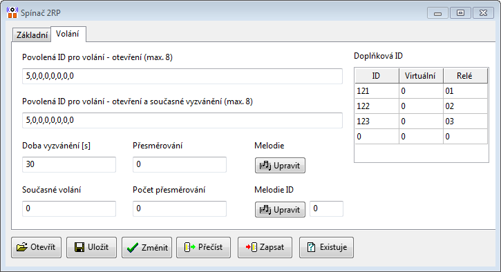 Povolená ID pro volání - otevření Seznam povolených ID/čísel tabel, ze kterých se lze dovolat na daný spínač OS3. Čísla se oddělují čárkou, max. 8 čísel.