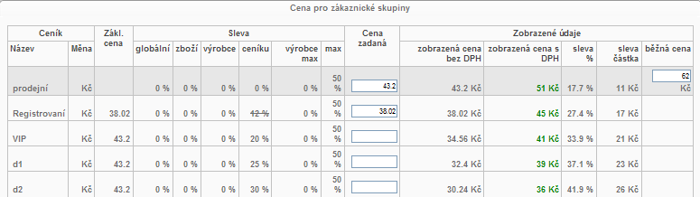 118 / 207 Cena výsledná = základní cena (součet slev)% V detailu zboţí se zobrazí řádek s popiskem "Vaše sleva v případě, ţe je na kartě zboţí vyplněna "Běţná cena" a je větší neţ "Cena zadaná".