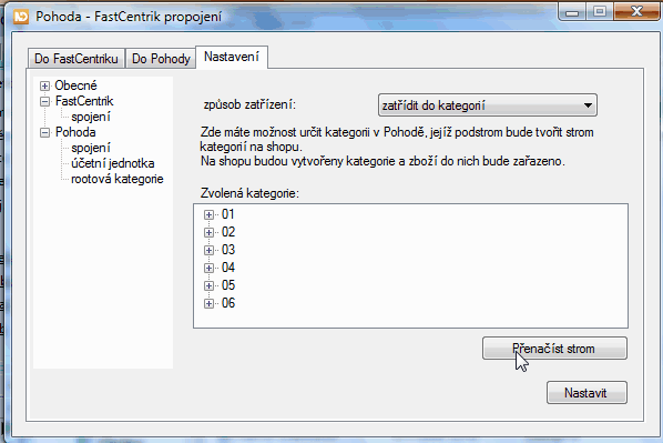 159 / 207 Nyní nastavíme rootovou kategorii. Klikněte na poloţku rootová kategorie a poté klikněte na tlačítko přenačíst strom. Načetly se kategorie, které máme v Pohodě vedeny jako Sklady.