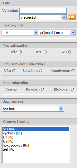 177 / 207 Výběrem zákazníka se Vám zobrazí formulář, ve kterém můţete měnit zákazníkovy údaje, které zadal při registraci a měnit cenovou hladinu, která je zobrazená v poli Ceník.