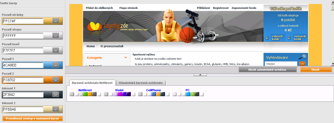84 / 207 Celá horní koláţ -tedy pozadí, logo i banner - odkazují na úvodní stránku. 2.2.3. Nastavení barevných schémat Zde je moţno nastavit vlastní barvy obchodu.