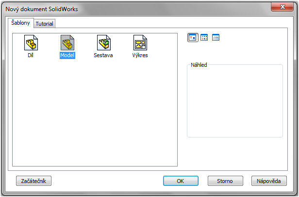 Využití šablony modelu (dílu) Šablonu modelu volíme při zakládání nového dokumentu.