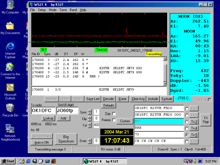 21.3.2003 spojení s K2UYH JT65C, potom ještě CW 519 K dnešnímu dni na 432MHz s jednou horizontální