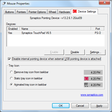 2. Klepněte na Device Settings nahoře a zaškrtněte políčko Disable internal pointing device when