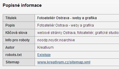 Pro lepší pochopení si to vyzkoušejte prakticky. Zadejte adresu www.seo-servis.cz To je portál, který zadarmo poskytuje SEO analýzy webových stránek.