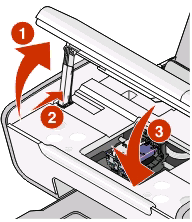4 Odstraňte ochrannou pásku ze zadní a spodní strany barevné kazety, vložte kazetu do pravého nosiče a potom zavřete víčko nosiče barevné kazety.