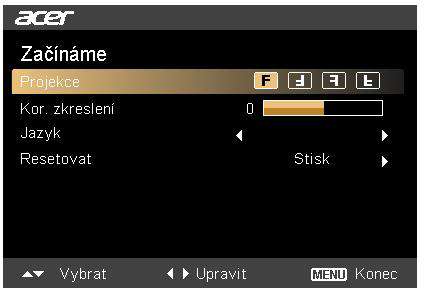 2 Stiskněte MENU na ovládacím panelu nebo dálkovém ovládání pro spuštění OSD pro instalaci a údržbu projektoru.