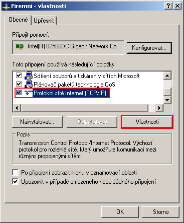 Obr. 3 - Volba ethernetového připojení V záložce Obecné vybereme položku Protokol sítě Internet