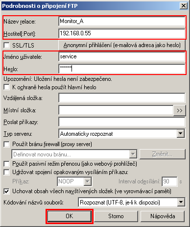 Obr. 8 - TC Připojení k serveru FTP Vyplníme parametry pro připojení k prvnímu monitoru (DODATEK E Konfigurační parametry, IP monitor): Název relace: AS10