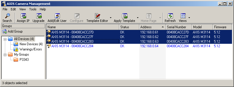 Obr. 14 - ACM Dialog Search Network Pokud je hledání neúspěšné a není nalezena žádná kamera, hledání opakujeme. Nalezené kamery se zobrazí v hlavním okně ACM. 4.2.2 Aktualizace firmware Obr.