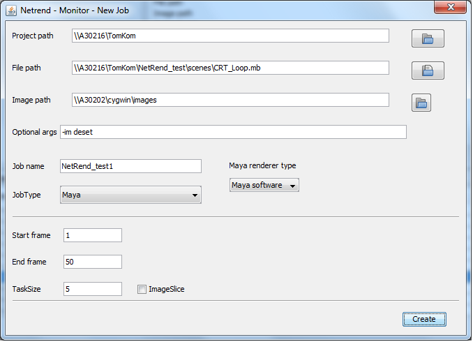 Obrázek 8 Dialog vytvoření nové rendorací úlohy pro systém Maya Project path je použit pouze při vytváření Maya úloh a úlohou tohoto pole je usnadnit vytváření síťové cesty pro cestu ke scéně a