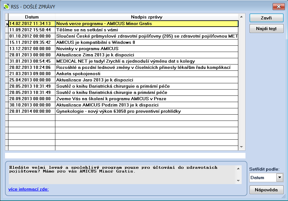 Popis funkcí programu AMICUS Historii RSS zpráv naleznete v