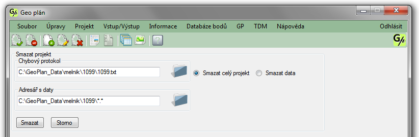 3.1.5 Informace o projektu Funkce slouží k zobrazení údajů (v tisknutelné podobě) o aktuálně otevřeném projektu. 3.1.6 Smazat projekt Funkce umožňuje smazat celý aktuální projekt včetně celé adresářové struktury nebo data projektu uložená v DB.