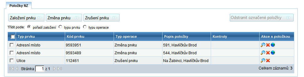 V detailu NZ (obrazovka UNZ110) se v Položkách NZ v příslušném řádku zobrazí Vámi navrhované změny. Nyní pokračujte kapitolami 2.3.1.1 Kontroly NZ a 2.3.1.2 Schválení NZ.