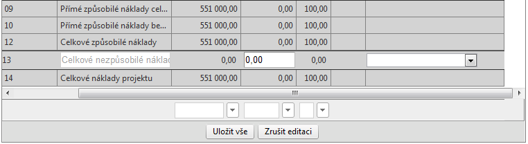 Rozpočet projektu je možné editovat přímo v tabulce rozpočtu. Stačí kliknout na tlačítko na spodní šedé liště rozpočtu.