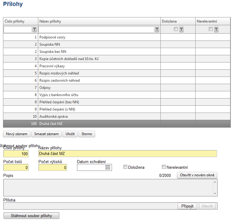 Každá z příloh by měla mít zatržen checkbox Doložena nebo Nerelevantní. V případě, že příjemce zatrhl checkbox Doložena, zkontrolujte, jestli doložil i přílohu v elektronické podobě (mimo přílohy č.