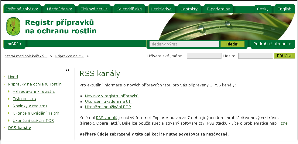 Pod nabídkou RSS kanály naleznete seznam dostupných RSS kanálů z registru POR a odkazy na základní