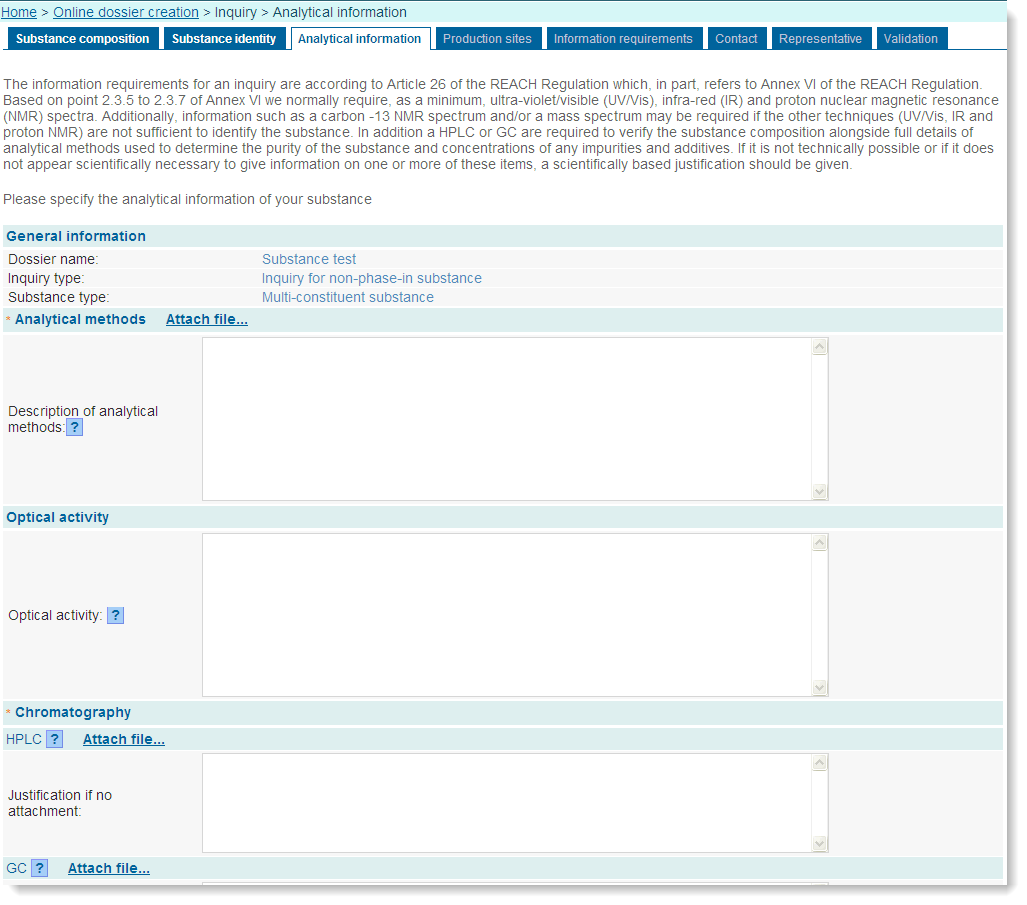 Část 11 - Vytvoření a předložení dokumentace k dotazu on-line Datum vydání: listopad 2012 29 Obrázek 35: Analytické informace Vyplňte co nejvíce polí.