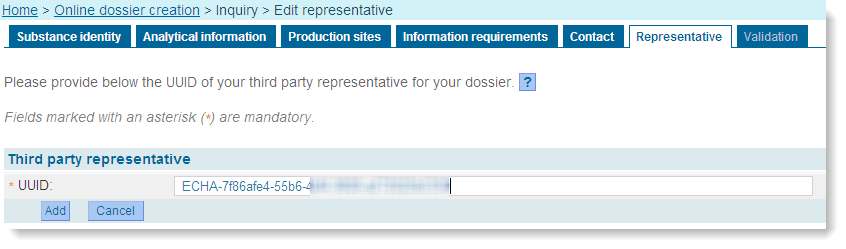 Část 11 - Vytvoření a předložení dokumentace k dotazu on-line Datum vydání: listopad 2012 39 Obrázek 46: Výběr třetí osoby jako zástupce V souladu s článkem 4 nařízení REACH můžete jmenovat třetí